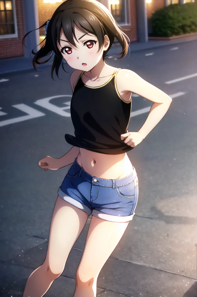 Yazawa nico, Twin tails,Red eyes,((Mid-chest, Tomboy, Small Head)), Dawn, sunlight, (Trained abdominal muscles : 1.1), (Perfect body : 1.1), (Short Wavy Hair : 1.2) , Auburn Hair, collar, Lock, Full Body Shot, Crowded street, Wearing a black tank top, Jeans jacket, ((Shorts)), (Highly detailed CG 8K wallpaper), (Very delicate and beautiful), (masterpiece), (Highest quality:1.0), (ultra High resolution:1.0),  Beautiful lighting ,Perfect Lightning, Realistic Shadows, [High resolution], Detailed skin, Super detailed