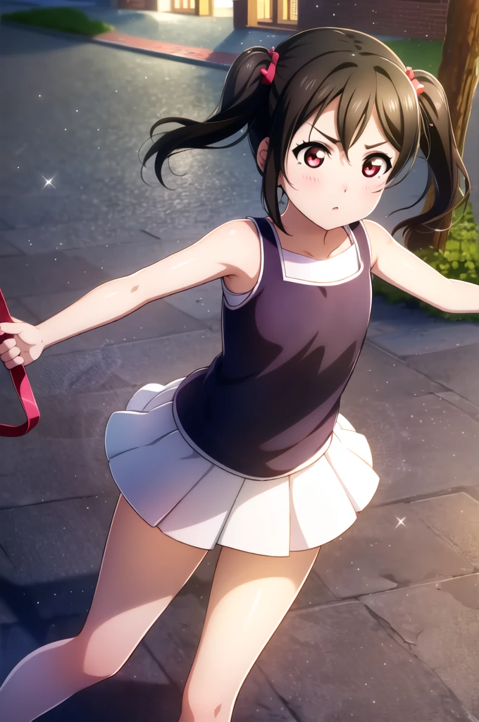 Yazawa nico, Twin tails,Red eyes,((Mid-chest, Tomboy, Small Head)), Dawn, sunlight, (Trained abdominal muscles : 1.1), (Perfect body : 1.1), (Short Wavy Hair : 1.2) , Auburn Hair, collar, Lock, Full Body Shot, Crowded street, Wearing a black tank top, Jeans jacket, ((Shorts)), (Highly detailed CG 8K wallpaper), (Very delicate and beautiful), (masterpiece), (Highest quality:1.0), (ultra High resolution:1.0),  Beautiful lighting ,Perfect Lightning, Realistic Shadows, [High resolution], Detailed skin, Super detailed