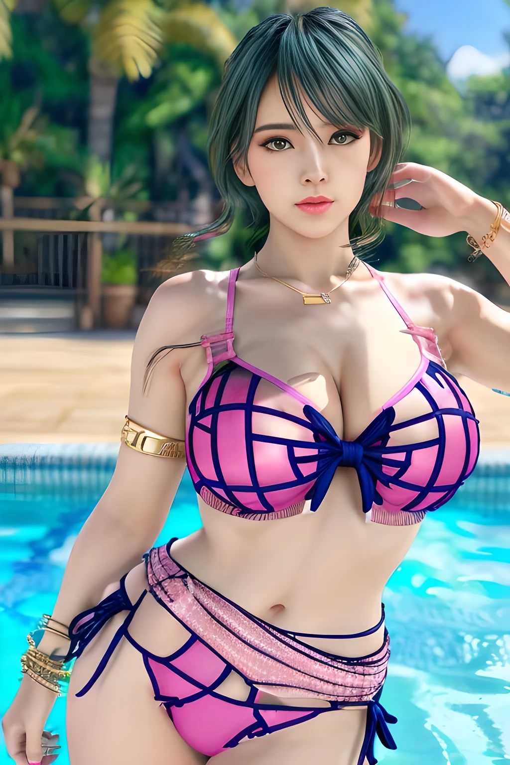1girl,Wearing a pink swimsuit, (mesh fabric:1.2), unique and sexy design. (The swimsuit is designed with straps, exposing the waist and chest: 1.4), showing the beautiful curves of the body. Wearing a colorful bracelet, and painting the nails purple. The overall look is full of summer vitality and charm. The background is a swimming pool scene, trees and blue sky make the environment. ,beautiful detailed eyes, beautiful detailed lips, extremely detailed eyes and face, long eyelashes, (best quality,4k,8k,highres,masterpiece:1.2), ultra-detailed, (realistic,photorealistic,photo-realistic:1.37), sharp focus, vivid colors, HDR, studio lighting, physically-based rendering,tamaki