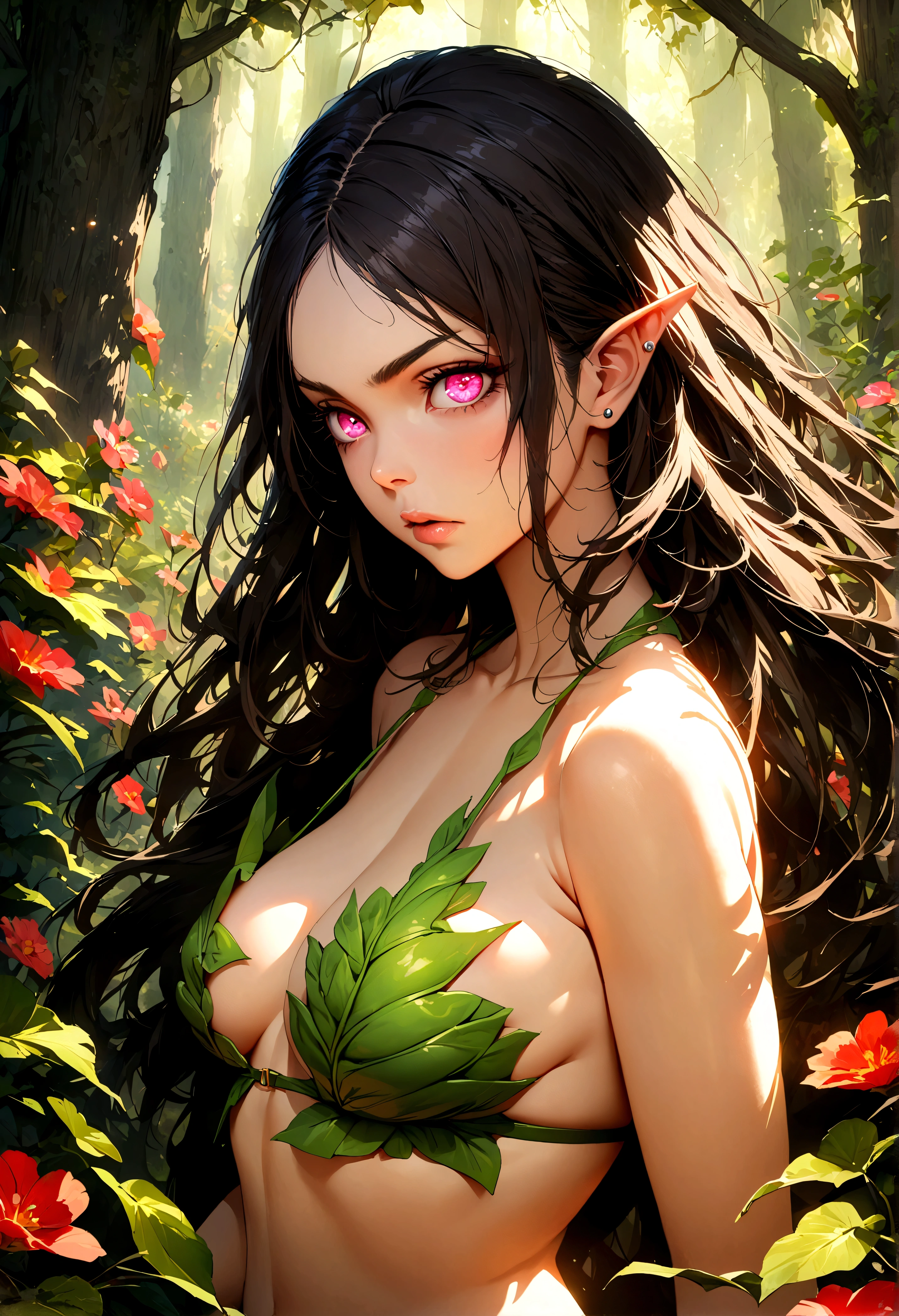 A beautiful young woman (Mila Kunis 25) with piercing eyes, delicate features, and waist length flowing dark hair with colorful flowers braided in, playing an elf in a naturalistic forest setting, wearing a fig leaf bikini and wielding a handcrafted bow and crude natural arrows, firing at goblin-shaped targets hanging from the trees, masterpiece, ultra-detailed, hyper-realistic, dramatic lighting, vivid colors, cinematic composition
