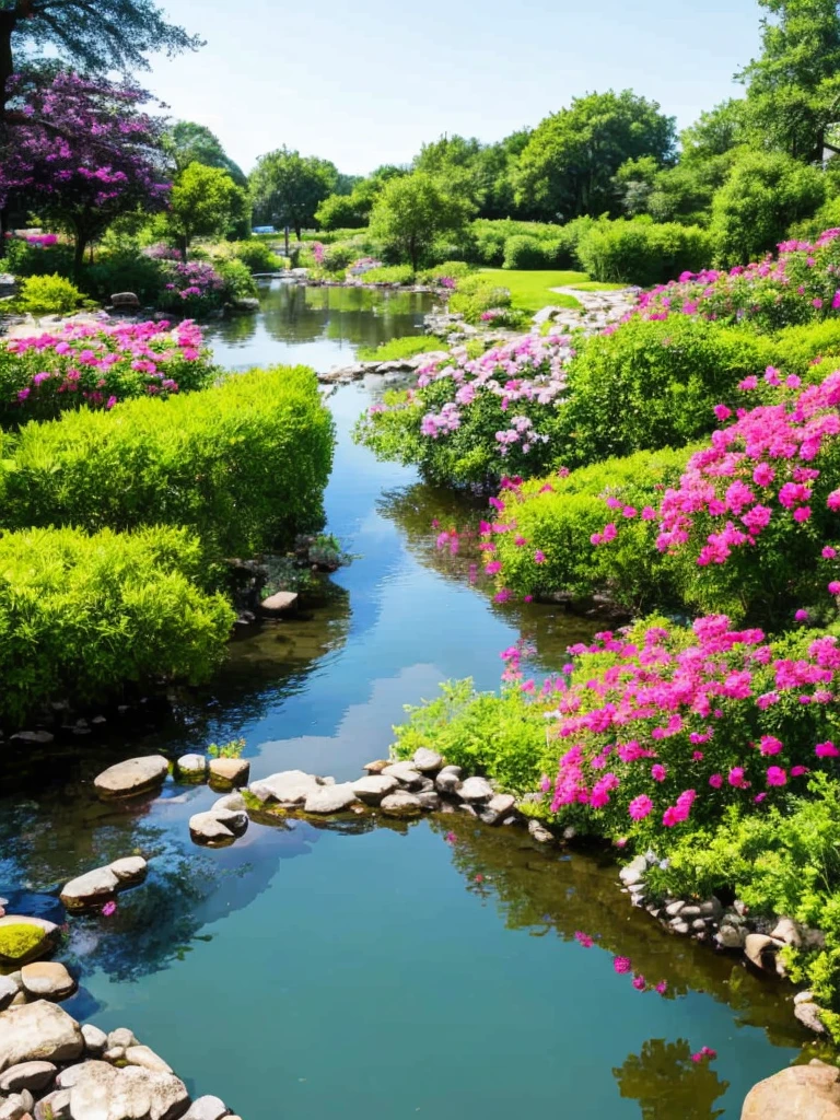 a view of a pond surrounded by trees and flowers in a garden,