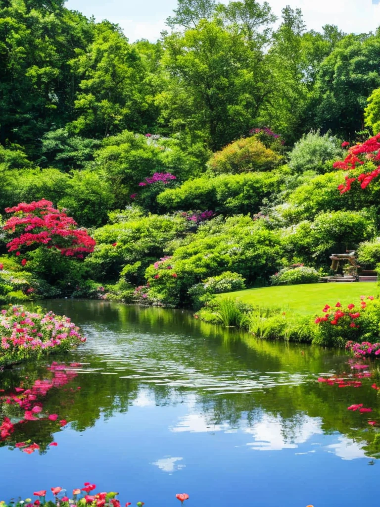 a view of a pond surrounded by trees and flowers in a garden,