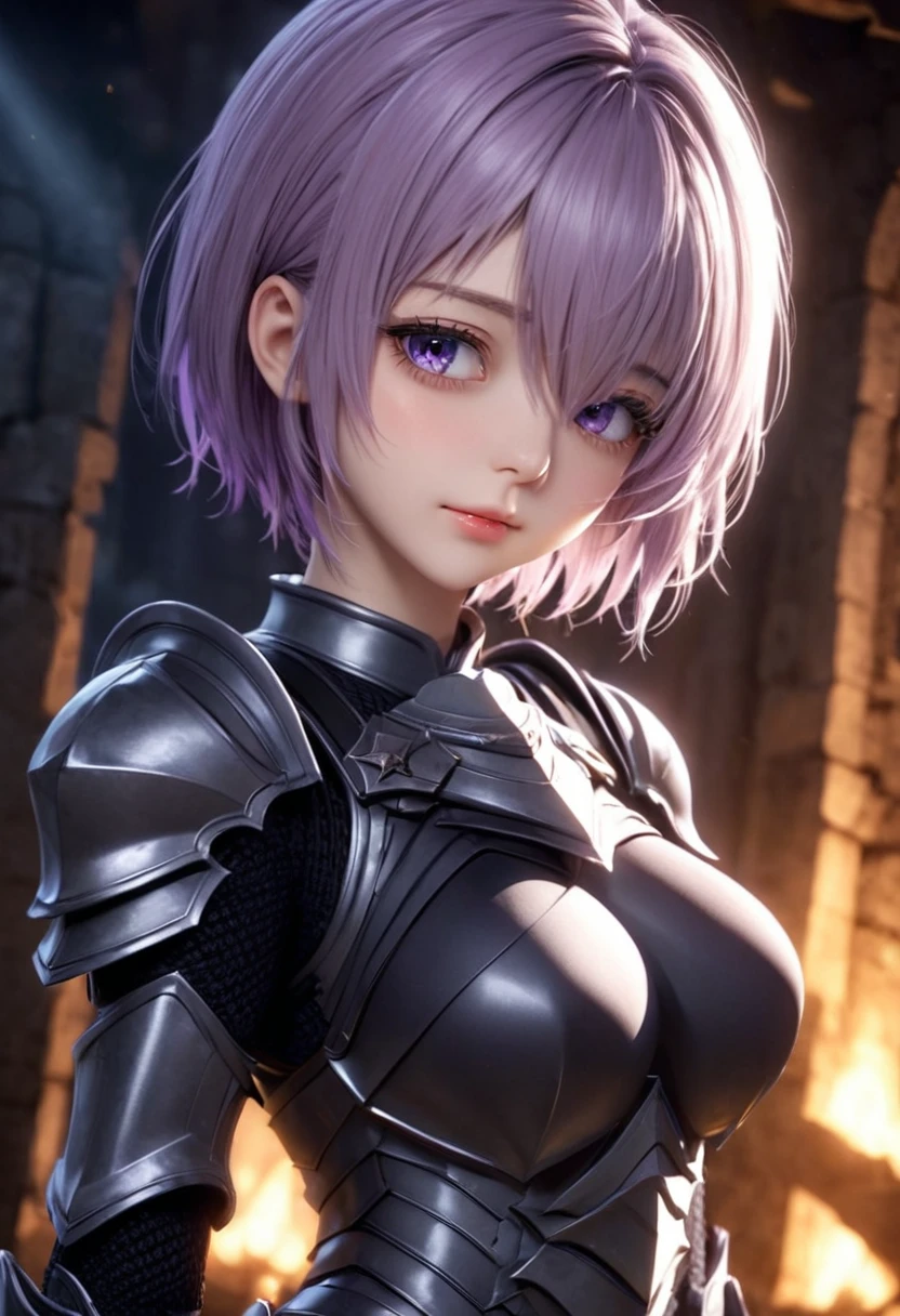 (masterpiece, top quality, best quality, beautiful and aesthetic:1.2), full body, SFW, extremely detailed, detailed face and eyes, cinematic light, depth of field, 1girl, seducing smile, solo, official, (full armored knight:1.4), dark armor, mash kyrielight, light purple hair, short hair, hair over one eye, slim body, cinematic lighting, dramatic lighting, dramatic atmosphere, hyper-realistic, high resolution, stunning contrast, high quality, best quality, 8k, 4k, intricately detailed, (amazing details:1.2), highly detailed skin, powerful presence, vibrant colors, (detailed eyes:1.2), striking eyes, (detailed background), (warzone on background, night, ruins), (dynamic angle:1.2), (dynamic pose:1.2)