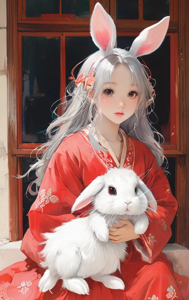 On a bright red campus"YES"Character、beautiful illustration, best quality, cute girl, bedroom, pastel color, fluffy bunny ears, , silver long hair, rabbit stuffed toy, bright lighting, light pink eyes