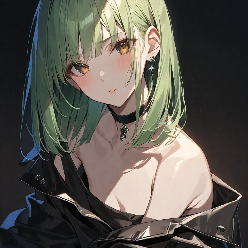 solo, handsome, Glossy feel,
1. Female,
Hime cut,Straight Hair,Bob Hair, 
light green hair, 
Nakano Yotsuba,
brown Eyes,Soft look,beautiful,beautiful,Sexy,Darkness,Lots of black earrings,choker,
black Off Shoulder,black Distressed jeans,
skin,Alluring,
black  background,