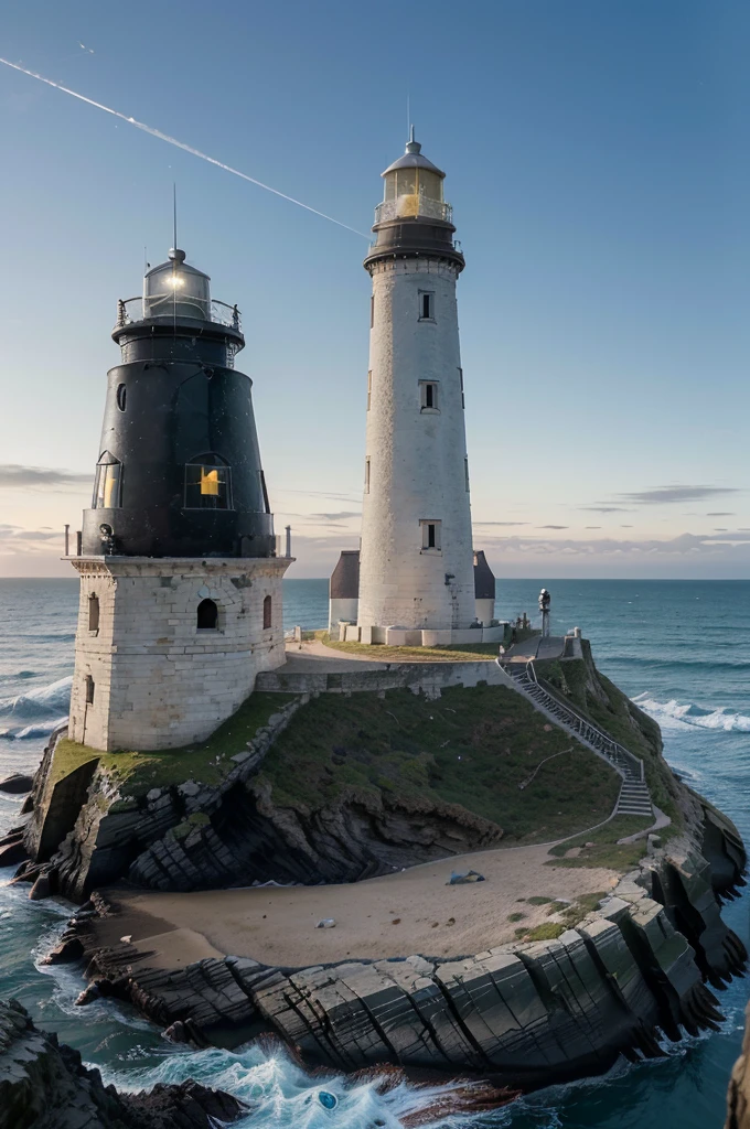 "((Bellarine Lighthouse:1.2)), a historic and majestic coastal lighthouse, standing tall on a rocky outcrop. The lighthouse has a ((white cylindrical tower with a black lantern room:1.2)) that contrasts beautifully with the rugged coastline. Surrounding the lighthouse are gentle waves lapping against the shore and sparse coastal vegetation adding a touch of green. The scene is captured in an ((ultra-realistic:1.3)) style, in ((8K resolution:1.1)), with ((high detail:1.2)) and a ((soft bokeh effect:1.1)) to enhance the serene and picturesque setting. The sky is clear, offering a breathtaking view of the sea meeting the horizon."