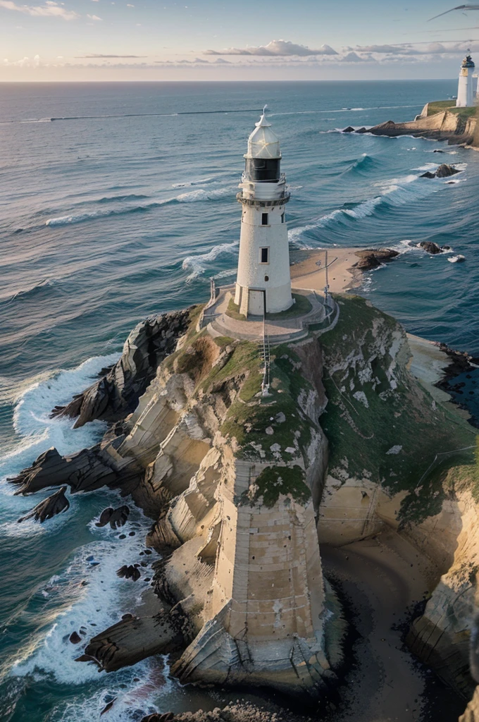 "((Bellarine Lighthouse:1.2)), a historic and majestic coastal lighthouse, standing tall on a rocky outcrop. The lighthouse has a ((white cylindrical tower with a black lantern room:1.2)) that contrasts beautifully with the rugged coastline. Surrounding the lighthouse are gentle waves lapping against the shore and sparse coastal vegetation adding a touch of green. The scene is captured in an ((ultra-realistic:1.3)) style, in ((8K resolution:1.1)), with ((high detail:1.2)) and a ((soft bokeh effect:1.1)) to enhance the serene and picturesque setting. The sky is clear, offering a breathtaking view of the sea meeting the horizon." 