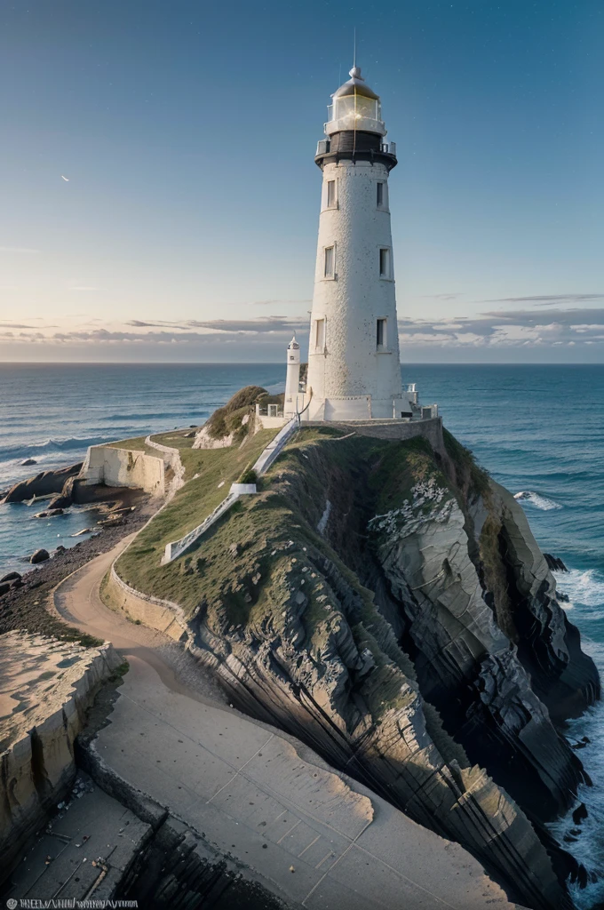 "((Bellarine Lighthouse:1.2)), a historic and majestic coastal lighthouse, standing tall on a rocky outcrop. The lighthouse has a ((white cylindrical tower with a black lantern room:1.2)) that contrasts beautifully with the rugged coastline. Surrounding the lighthouse are gentle waves lapping against the shore and sparse coastal vegetation adding a touch of green. The scene is captured in an ((ultra-realistic:1.3)) style, in ((8K resolution:1.1)), with ((high detail:1.2)) and a ((soft bokeh effect:1.1)) to enhance the serene and picturesque setting. The sky is clear, offering a breathtaking view of the sea meeting the horizon."