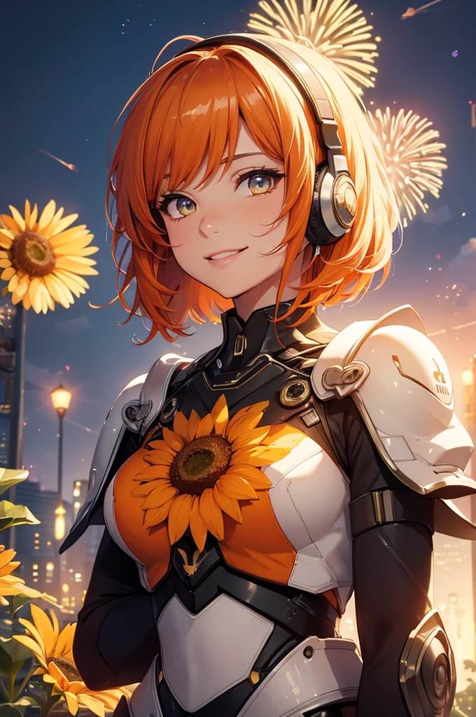 ((masterpiece)), best quality, ultra-detailed, extremely detailed, 4K, 8K, best quality, beautiful, watercolor, anime style, upper body, look up from below, colorful, sunflower, fireworks, a cute girl, 1girl, solo, robot suit, robot, beautiful orange hair, beautiful orange eyes, beautiful eyes, short hair, mesh, lip, headphone, smile, light smile, glitter effect