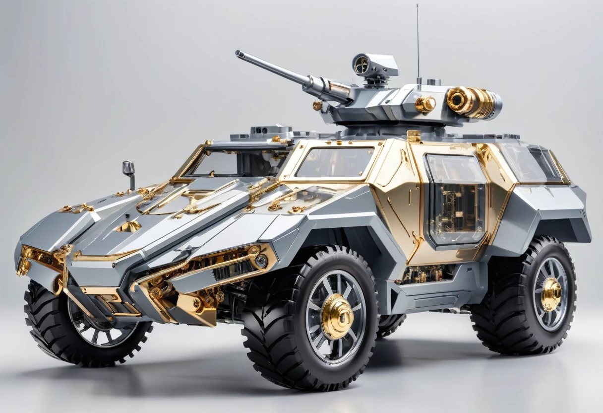 solid light grey background, Gold and gray transparent mechanical armored vehicle , Complex and sophisticated internal structure, (Well-designed, High Detail, masterpiece, best quality, Ultra HD, Sharpen details)