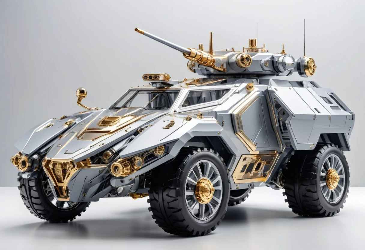 solid light grey background, Gold and gray transparent mechanical armored vehicle , Complex and sophisticated internal structure, (Well-designed, High Detail, masterpiece, best quality, Ultra HD, Sharpen details)
