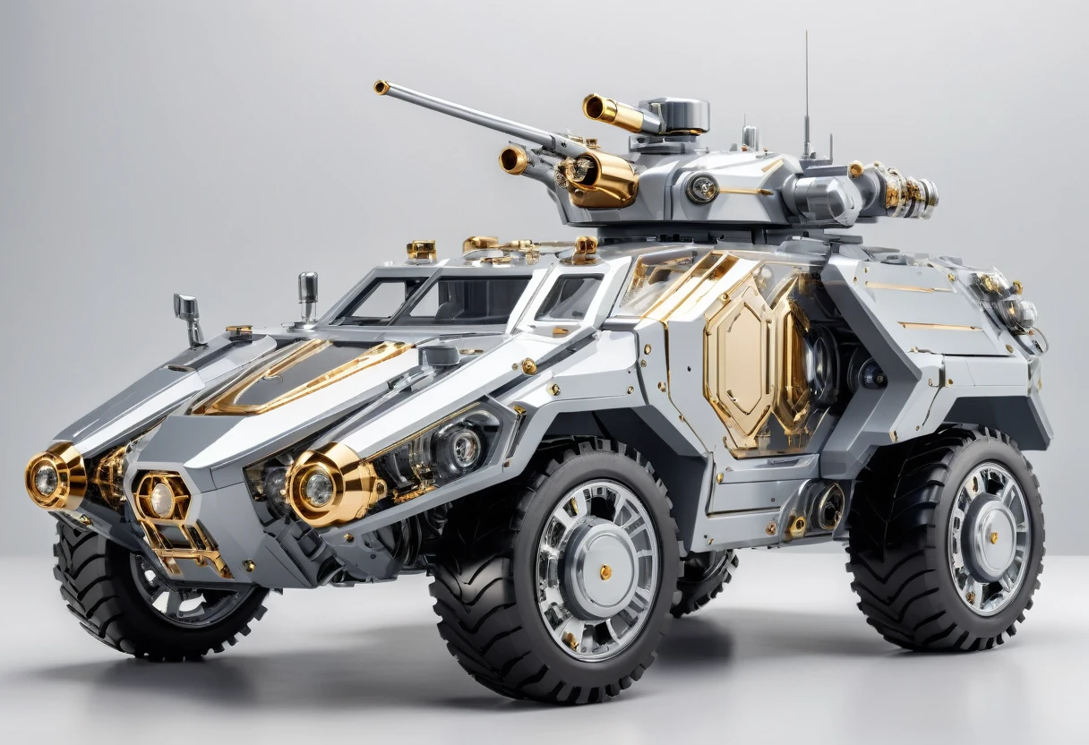 solid light grey background, Gold and gray transparent mechanical armored vehicle , Complex and sophisticated internal structure,  (Well-designed, High Detail, masterpiece, best quality, Ultra HD, Sharpen details)