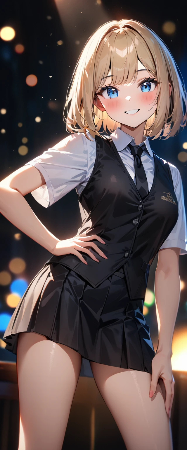 (((One girl))), blond hair, bob cut, (cowboy shot), (looking at viewer), face in focus, teenager, head tilt:1.3, (((blue eye))), ((happy smile)), ((blush)), contrapposto, one hand on hip, school summer uniform, white shirts, ((black tie under the waistcoat)), black skirt, black waistcoat, anime style, (best quality, 4k, 8k, highres, masterpiece:1.2, ultra-detailed, ultra-detailed eyes, HDR, UHD, studio lighting, ultra-fine painting, sharp focus, physically-based rendering, extreme detail description, professional, vivid colors, bokeh)