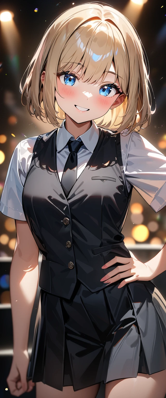 (((One girl))), blond hair, bob cut, (cowboy shot), (looking at viewer), face in focus, teenager, head tilt:1.3, (((blue eye))), ((happy smile)), ((blush)), contrapposto, one hand on hip, school summer uniform, white shirts, ((black tie under the waistcoat)), black skirt, black waistcoat, anime style, (best quality, 4k, 8k, highres, masterpiece:1.2, ultra-detailed, ultra-detailed eyes, HDR, UHD, studio lighting, ultra-fine painting, sharp focus, physically-based rendering, extreme detail description, professional, vivid colors, bokeh)