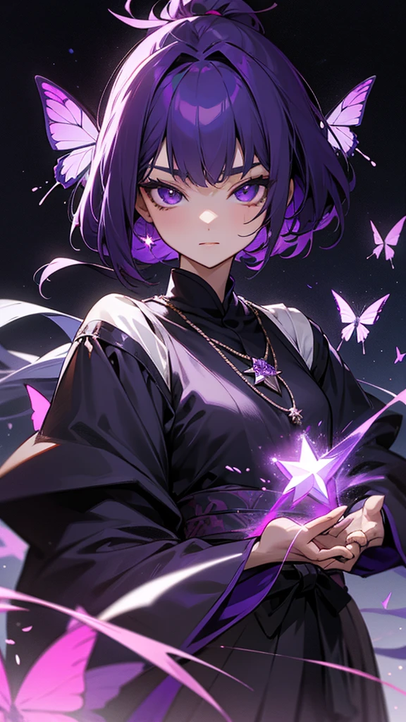 Dark purple hair, very dark eyes with a star in the middle of her eyes, she is the pillar of the night. She has her haori in black and has dark purple erflies and purple sleeves. Her katana is purple with a purple flower. She has a pink flower in her hairstyle and she has a dark pink necklace with a star figure and she is 14 y is Tokito's girlfriend