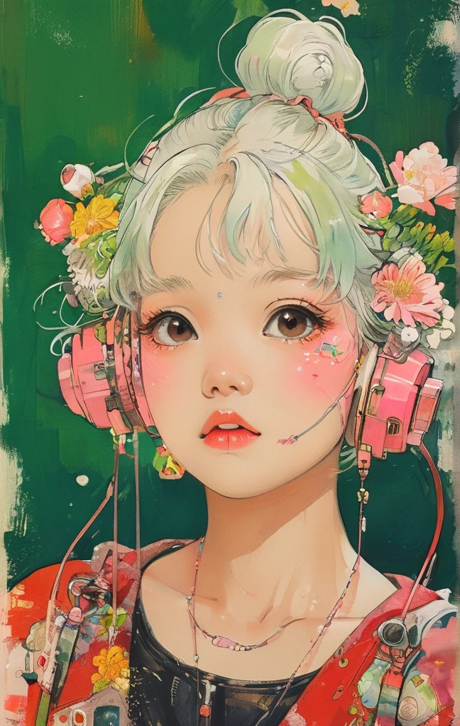 On a bright red campus"YES"Character、(masterpiece, best quality:1.2), 1 girl, Solitary，anime style，White hair, Girl with pink lips and light floral earrings puts finger on mouth，With the style of a top portrait painter, Yellow-green background.