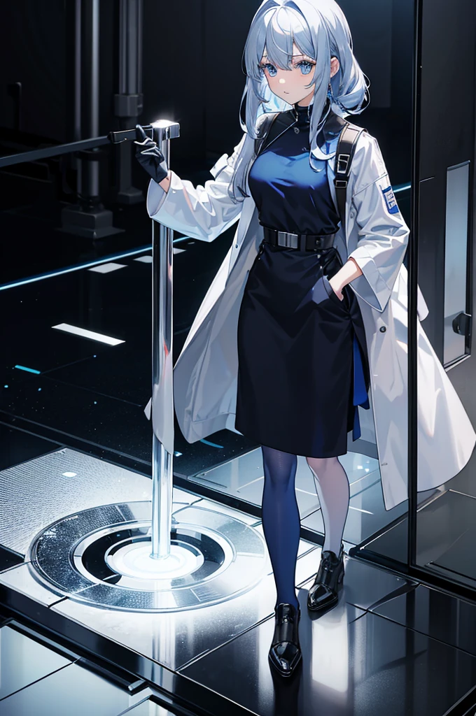 1woman, metallic hair, blue eyes, lab coat, dress, standing on ground, high res, ultra sharp, 8K, masterpiece