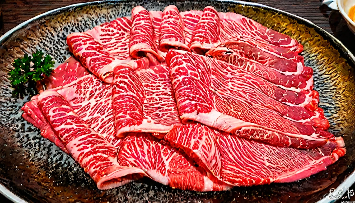 An enticing stack of premium Japanese Wagyu beef slices, meticulously arranged for hot pot, bathed in a focused ambient light that accentuates the meat's surface. This light should make the intricate patterns of fat within the Wagyu shimmer, emphasizing its luxury and enhancing its realism. The Wagyu's signature marbling should glisten under the light, reflecting its rich oil content. The color of the beef should be a deep, vibrant pinkish-red, with heightened saturation and contrast to make it pop. The plate, elegant and understated, should serve as a foundation for the towering Wagyu slices. The photograph's quality should be of high resolution, capturing the depth and height of the stacked Wagyu slices, emphasizing their volume and abundance,