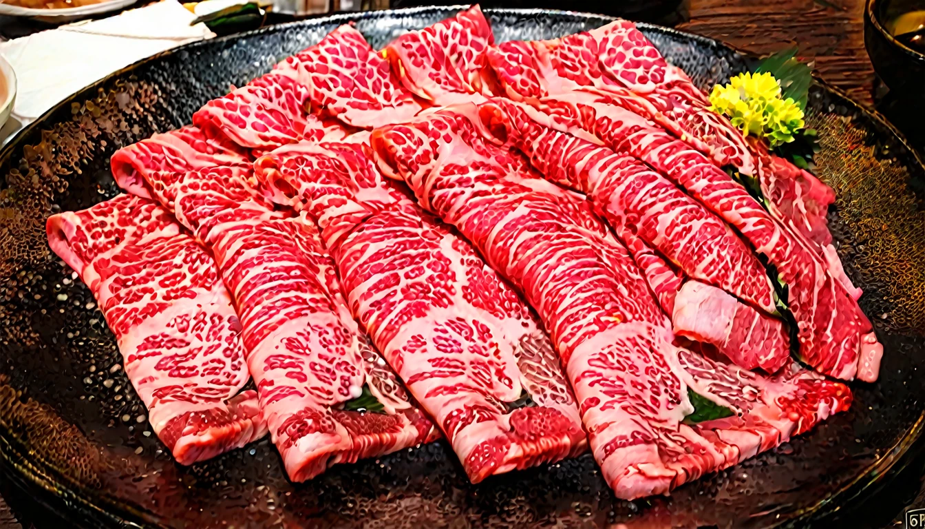 An enticing stack of premium Japanese Wagyu beef slices, meticulously arranged for hot pot, bathed in a focused ambient light that accentuates the meat's surface. This light should make the intricate patterns of fat within the Wagyu shimmer, emphasizing its luxury and enhancing its realism. The Wagyu's signature marbling should glisten under the light, reflecting its rich oil content. The color of the beef should be a deep, vibrant pinkish-red, with heightened saturation and contrast to make it pop. The plate, elegant and understated, should serve as a foundation for the towering Wagyu slices. The photograph's quality should be of high resolution, capturing the depth and height of the stacked Wagyu slices, emphasizing their volume and abundance,