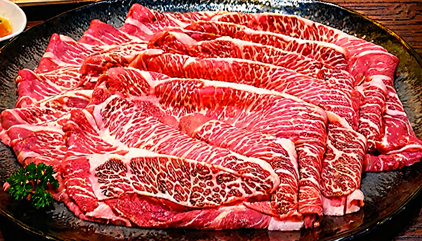 An enticing stack of premium Japanese Wagyu beef slices, meticulously arranged for hot pot, bathed in a focused ambient light that accentuates the meat's surface. This light should make the intricate patterns of fat within the Wagyu shimmer, emphasizing its luxury and enhancing its realism. The Wagyu's signature marbling should glisten under the light, reflecting its rich oil content. The color of the beef should be a deep, vibrant pinkish-red, with heightened saturation and contrast to make it pop. The plate, elegant and understated, should serve as a foundation for the towering Wagyu slices. The photograph's quality should be of high resolution, capturing the depth and height of the stacked Wagyu slices, emphasizing their volume and abundance,