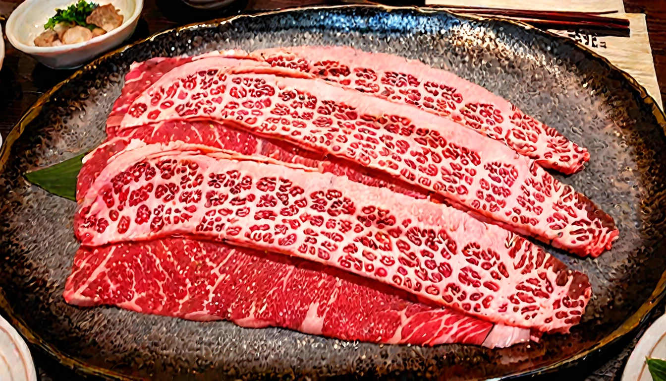 An enticing stack of premium Japanese Wagyu beef slices, meticulously arranged for hot pot, bathed in a focused ambient light that accentuates the meat's surface. This light should make the intricate patterns of fat within the Wagyu shimmer, emphasizing its luxury and enhancing its realism. The Wagyu's signature marbling should glisten under the light, reflecting its rich oil content. The color of the beef should be a deep, vibrant pinkish-red, with heightened saturation and contrast to make it pop. The plate, elegant and understated, should serve as a foundation for the towering Wagyu slices. The photograph's quality should be of high resolution, capturing the depth and height of the stacked Wagyu slices, emphasizing their volume and abundance,