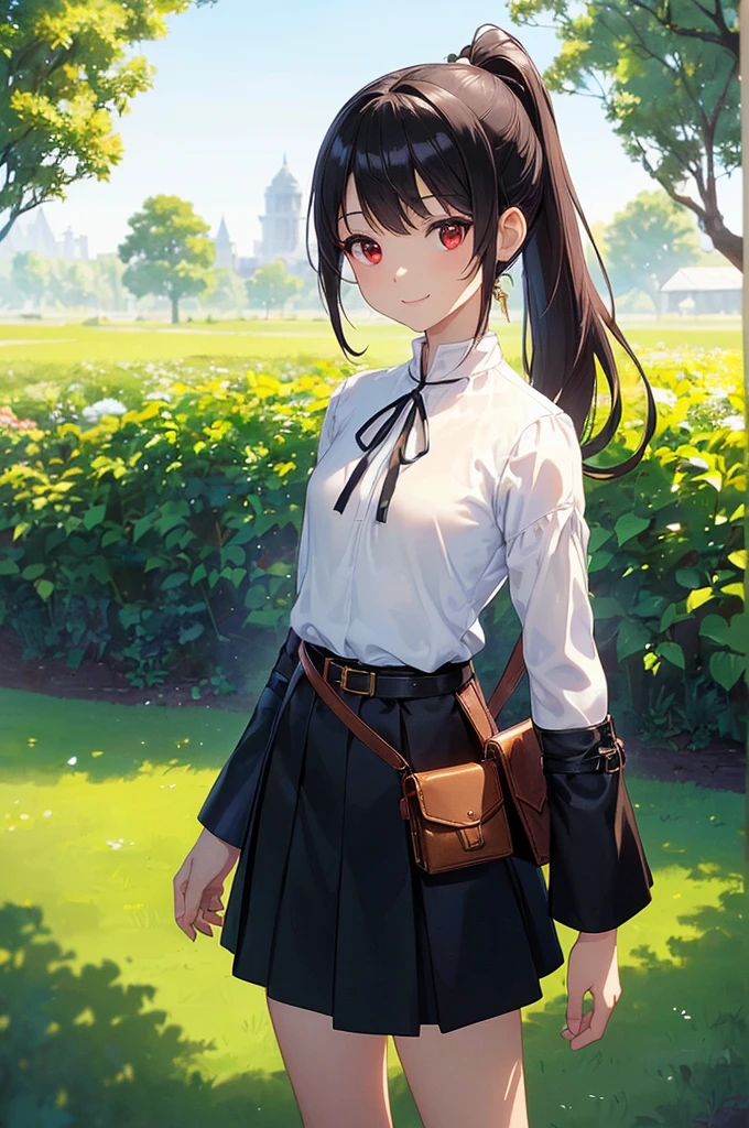 (masterpiece; best quality: 1.2), (finely detailed eyes: 1.3), ((10 year old female kid)), ((solo)), (red eyes: 1.4), (body; short, slender, small breasts: 1.3), (black hair in ponytail: 1.3), (beautiful and clear background: 1.2), ((depth of field)), (clothes: wanderer mage attire + white-and-gold wide-sleeve high-neck shirt + long black skirt + belts + traveler pouches and satchel: 1.3), (anime illustration: 1.2), (background; garden exterior: 1.1), (extremely fine and beautiful: 1.1), (shot composition; standing + centered on torso + close-up: 1.5), (expression; calm, smile: 1.2)