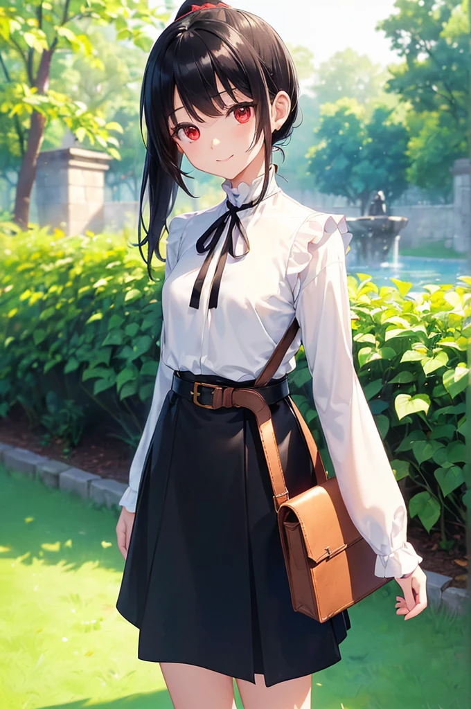 (masterpiece; best quality: 1.2), (finely detailed eyes: 1.3), ((10 year old female kid)), ((solo)), (red eyes: 1.4), (body; short, slender, small breasts: 1.3), (black hair in ponytail: 1.3), (beautiful and clear background: 1.2), ((depth of field)), (clothes: wanderer mage attire + white-and-gold wide-sleeve high-neck shirt + long black skirt + belts + traveler pouches and satchel: 1.3), (anime illustration: 1.2), (background; garden exterior: 1.1), (extremely fine and beautiful: 1.1), (shot composition; standing + centered on torso + close-up: 1.5), (expression; calm, smile: 1.2)