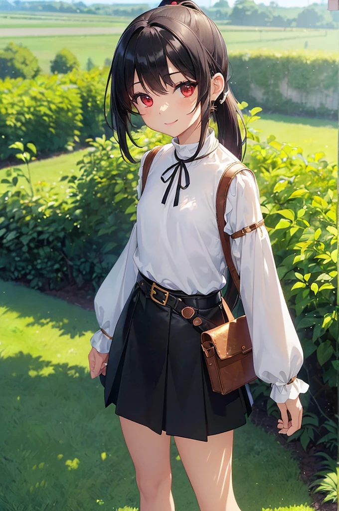 (masterpiece; best quality: 1.2), (finely detailed eyes: 1.3), ((10 year old female ???)), ((solo)), (red eyes: 1.4), (body; short, slender, small breasts: 1.3), (black hair in ponytail: 1.3), (beautiful and clear background: 1.2), ((depth of field)), (clothes: wanderer mage attire + white-and-gold wide-sleeve high-neck shirt + long black skirt + belts + traveler pouches and satchel: 1.3), (anime illustration: 1.2), (background; garden exterior: 1.1), (extremely fine and beautiful: 1.1), (shot composition; standing + centered on torso + close-up: 1.5), (expression; calm, smile: 1.2)