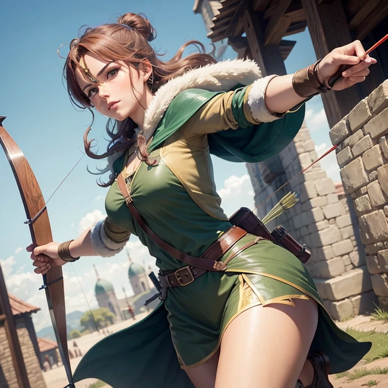 Female Robin hood toned in shooting arrow with bow, archer