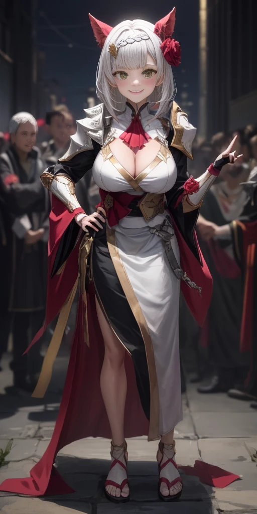 Female, standing, straight, long_hair, messy_hair, white_hair, kimono with armor, metal sandals, pink theme, big breast but cover, hands to hip, Body position: Standing, straight, symmetrical, barefoot, Lustful smile on face with red blush