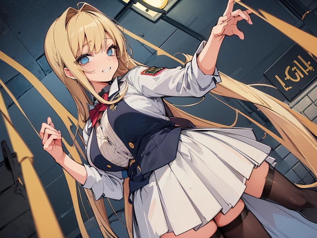 grin、(Big Breasts)、curvy、(((((1 girl)))))、High-pressure poses、night、Dark Back Alley、high school girl、((owncast eyes))、Worn uniform、Blonde、dutch angle、from below、Fisheye Lens