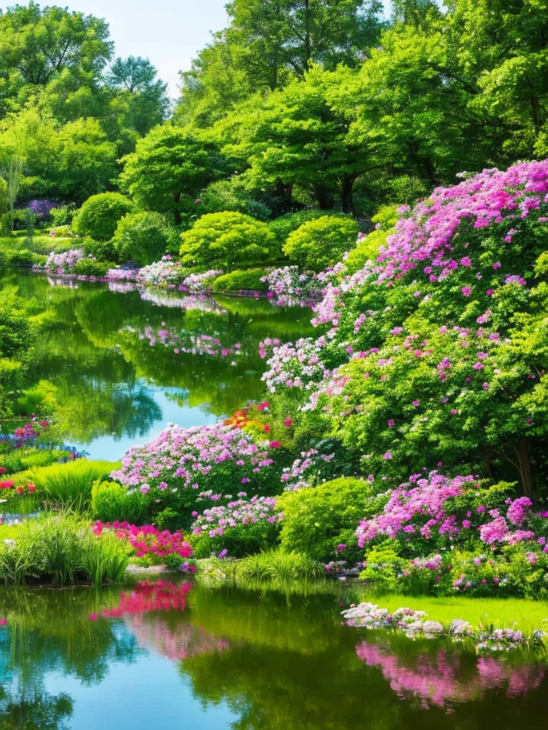 a view of a pond surrounded by trees and flowers in a garden,