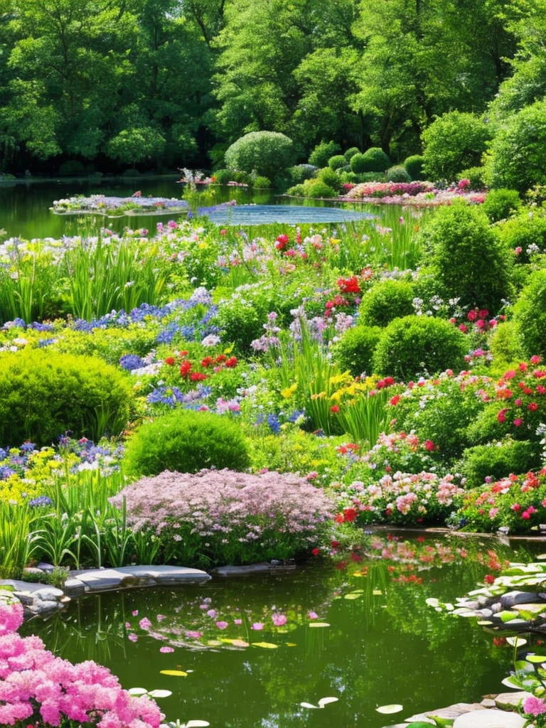 a view of a pond surrounded by trees and flowers in a garden,