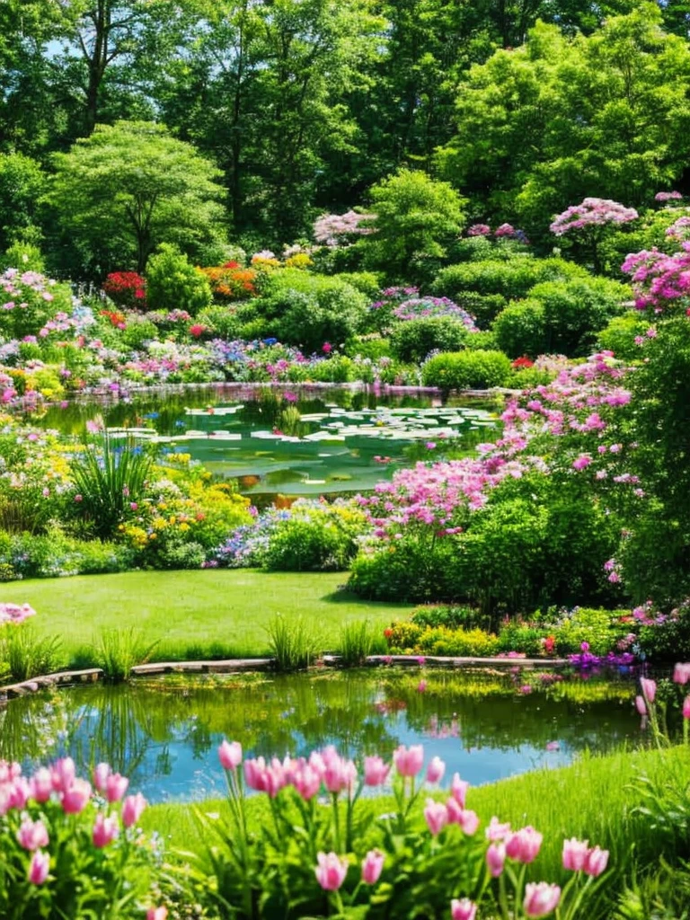a view of a pond surrounded by trees and flowers in a garden,