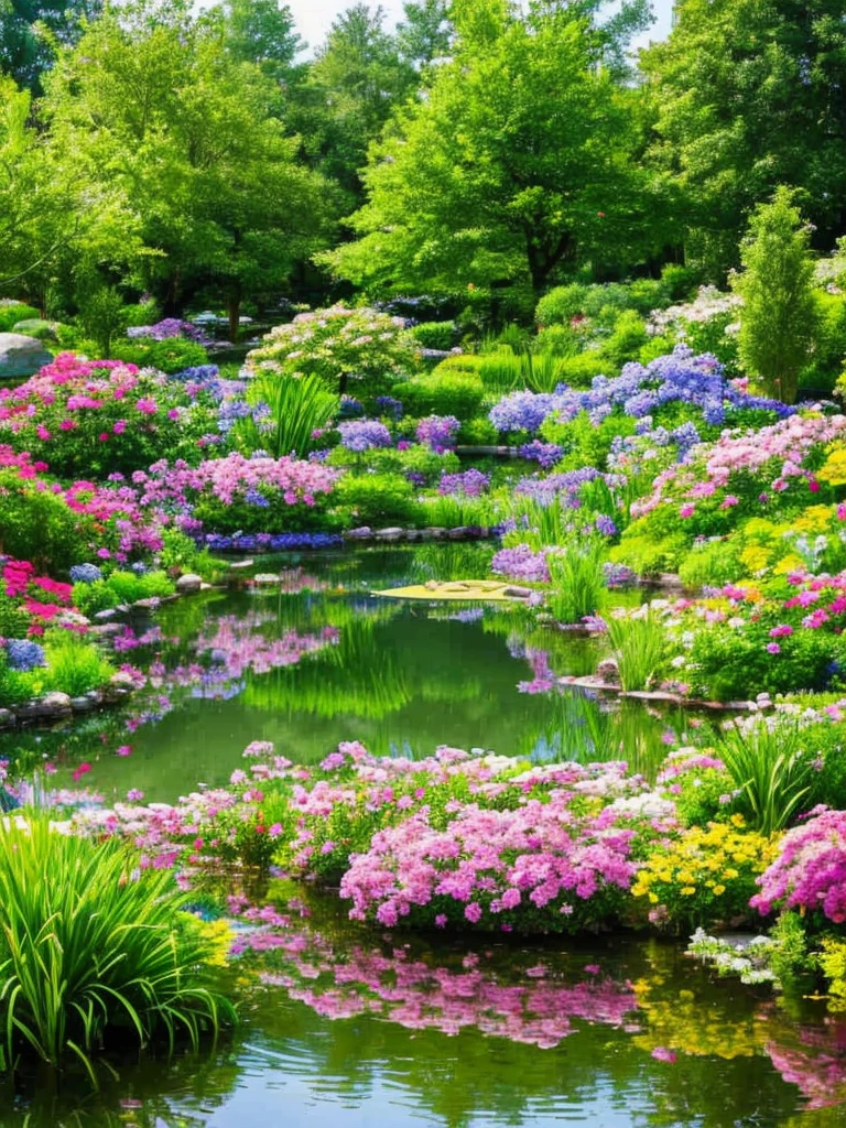 a view of a pond surrounded by trees and flowers in a garden,