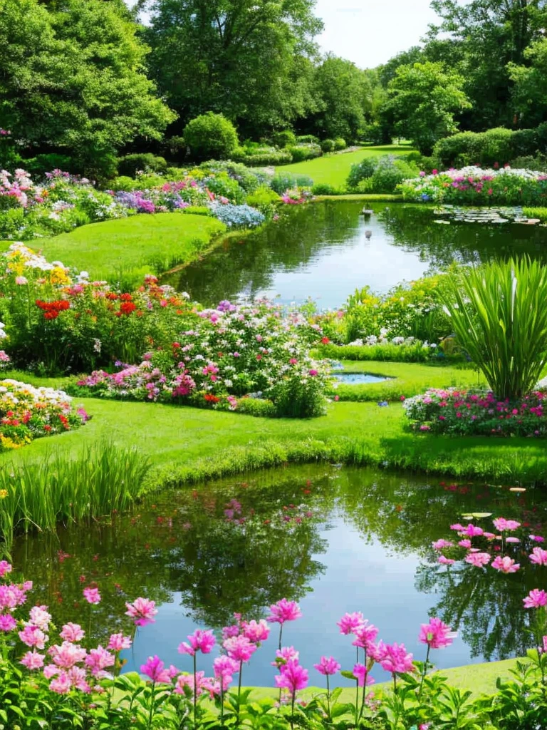a view of a pond surrounded by trees and flowers in a garden,
