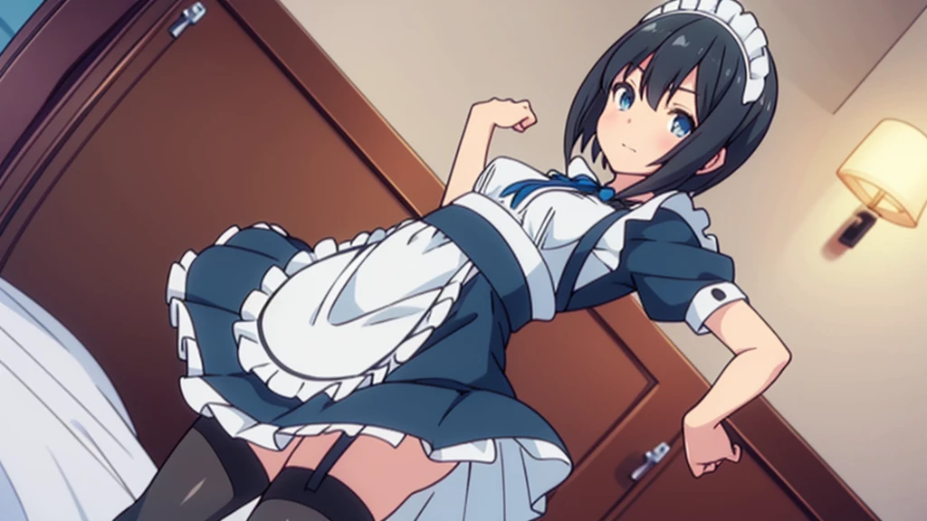 beautiful girl great quality 8k extremely detailed beautiful girl blue eyes short black hair small breasts in maid outfit short skirt with long stockings with garter belt in bedroom