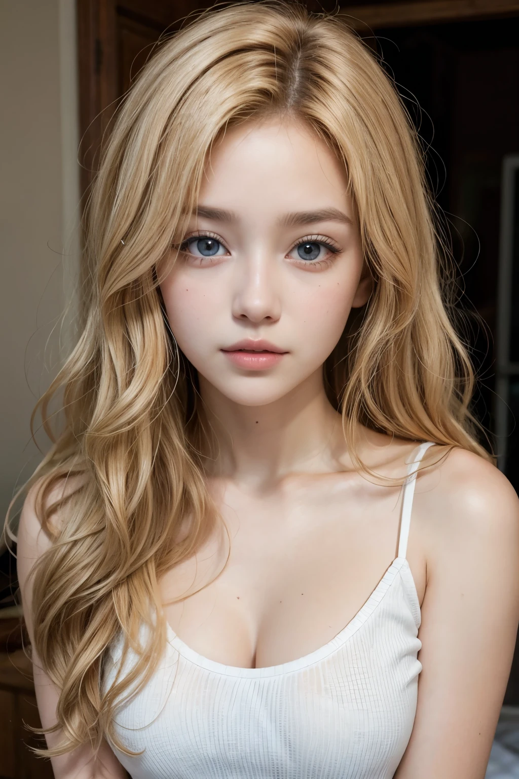 Curly blonde hair and brown eyes