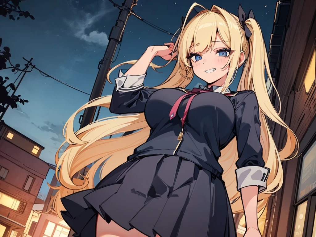 grin、(Big Breasts)、curvy、(((((1 girl)))))、High-pressure poses、night、Dark Back Alley、high school girl、((owncast eyes))、Worn uniform、Blonde、dutch angle、from below、Fisheye Lens