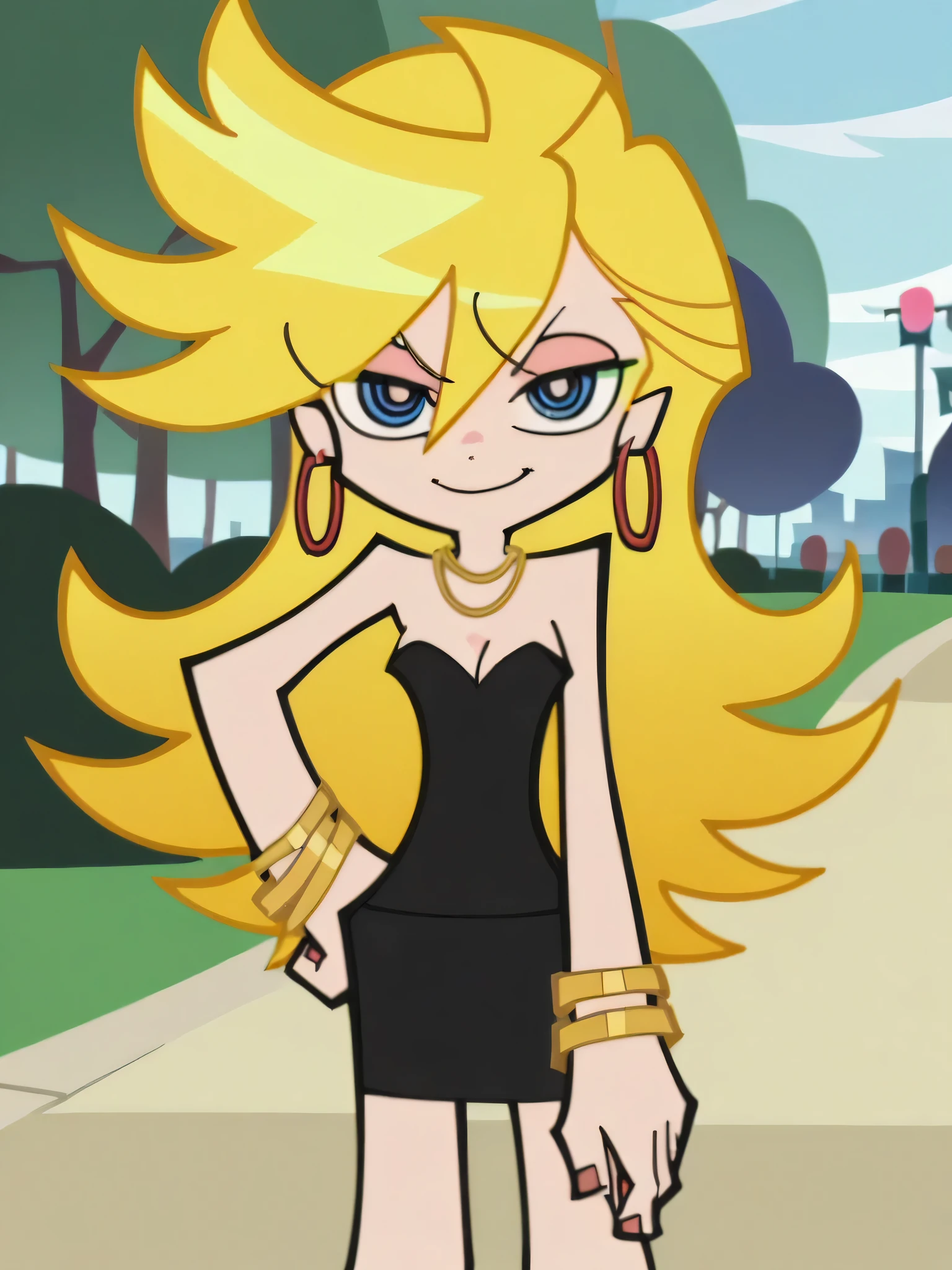 p&s style, rating_safe, score_10, sharp, anime screencap, flat shadows, flat colors, panty, blonde hair, medium breast, standing up, hoop earrings, cleavage, seductive smile, blond hair, blue eyes, strapless, black sweetheart dress, black pencil skirt, gold bracelet, left hand on own hip, park, right arm at side, cowboy shot, looking at viewer,