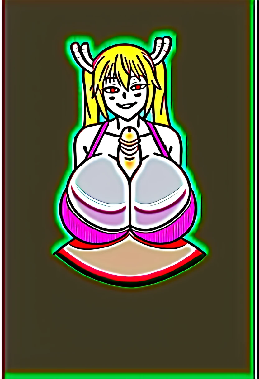 1girl, solo, masterpiece, best quality, detailed, narrow waist, wide hips, huge breasts, huge ass, muscular, tohru (maidragon), twintails, blonde_hair, bursting breasts, bra, lingerie, garter, 1boy, huge cock, hetero, paizuri, smug, score_9, score_8_up, score_7_up, source_