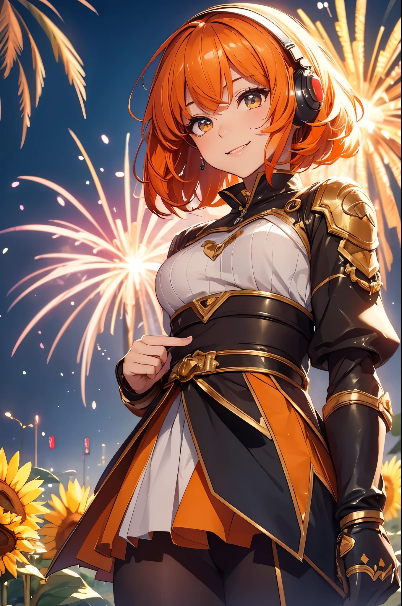 ((masterpiece)), best quality, ultra-detailed, extremely detailed, 4K, 8K, best quality, beautiful, watercolor, anime style, upper body, look up from below, colorful, sunflower, fireworks, a cute girl, 1girl, solo, robot suit, robot, beautiful orange hair, beautiful orange eyes, beautiful eyes, short hair, mesh, lip, headphone, smile, light smile, glitter effect