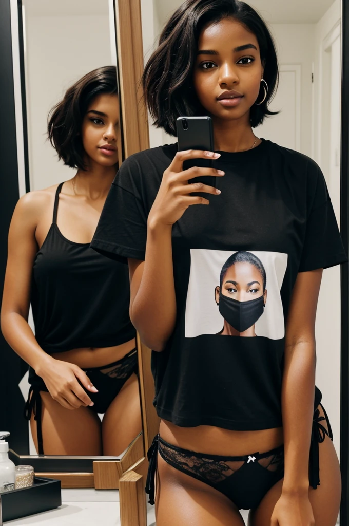 Beautiful girl with dark brown skin in black panties,large oversive style t-shirt,He has short hair and thick thighs.,she is very passionate,He is in front of a mirror with his cell phone covering his face.