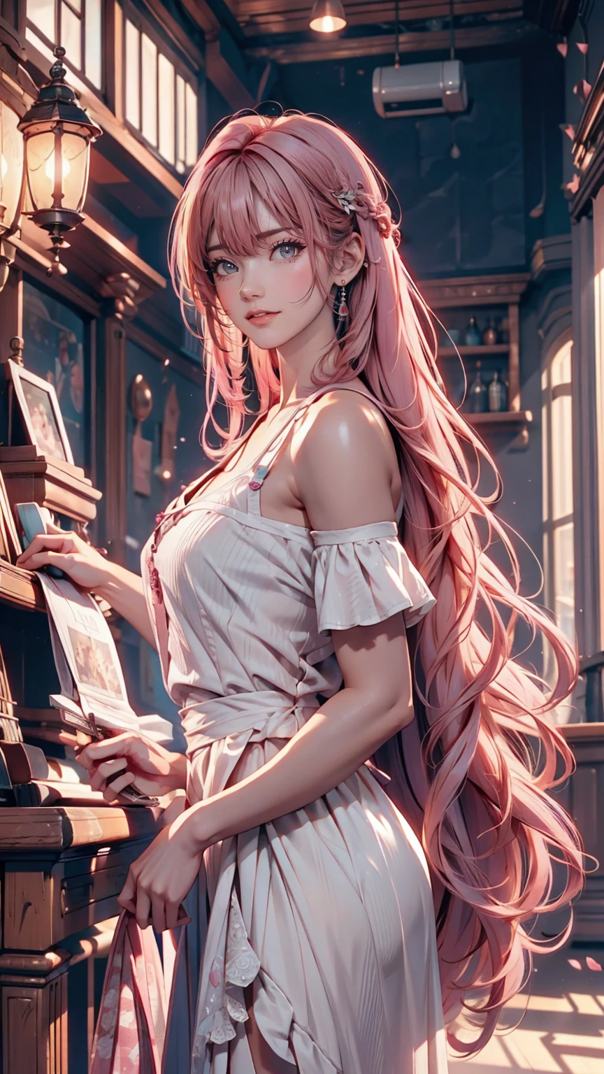 Pink Hair,Long Hair,Single Side Lock Hairpin Brush Modern Cinema Lighting,Ray Tracing,Drop Shadow Wide Shot UHD,Textured skin,Attention to detail,Top quality 4k