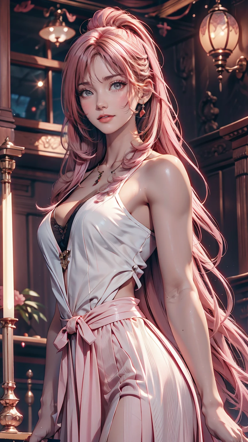 Pink Hair,Long Hair,Single Side Lock Hairpin Brush Modern Cinema Lighting,Ray Tracing,Drop Shadow Wide Shot UHD,Textured skin,Attention to detail,Top quality 4k