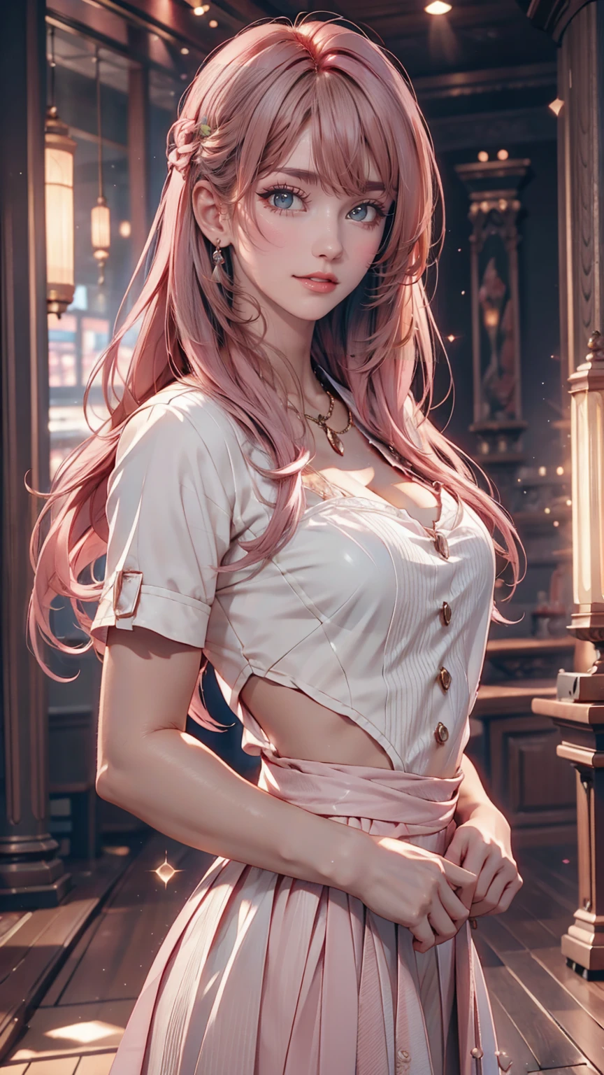 23-year-old beauty, exquisite makeup, cool, red lips, (multiple hair colors), high ponytail, wavy hair, big natural breasts, deep cleavage, ((pink lace underwear)), ((white shirt)), cardigan, short skirt. ((upper body)), with the library in the background. solo. Masterpiece, best quality, ultra high definition, 4k, high contrast, bokeh: 1.2, dynamic poses, perfect face shape, perfect proportions, slim waist, fair skin, natural full breasts. (Reality: 1.2), (Sharp Focus), (Distribution: 1.2), (Split: 1.3), (Ambient Light).