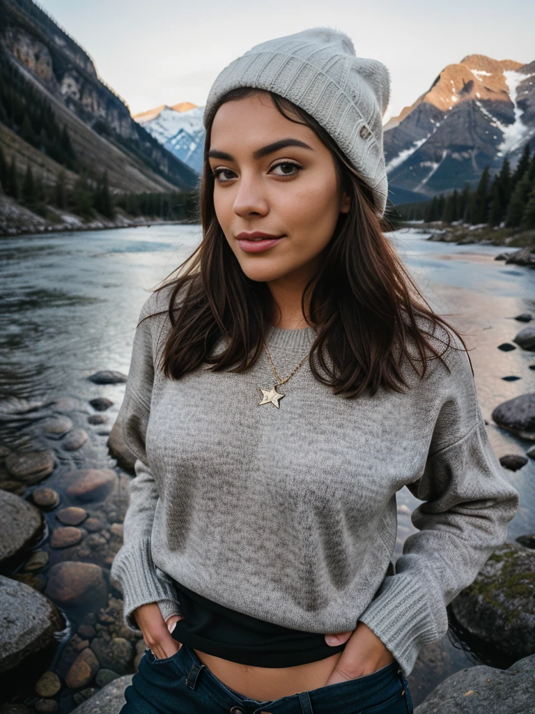 photorealistic, best quality, hyper-detailed, beautiful woman, selfie photo, upper body, solo, wearing pullover, 3 different styles and clothes, outdoors, (night), mountains, real life nature, stars, moon, (cheerful , happy), gloves, sweater, hat, forest, rocks, river, wood, smoke, fog, clear sky, analog style, looking at viewer, skin texture, film grain, close up, ultra high resolution, best shadow, RAW, Instagram LUT