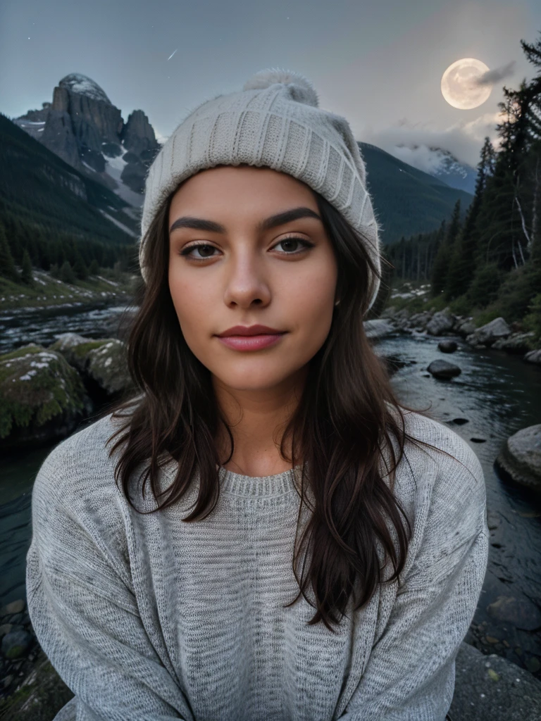 photorealistic, best quality, hyper detailed, beautiful woman, selfie photo, upper body, solo, wearing pullover, 3 different style and cloths ,outdoors, (night), mountains, real life nature, stars, moon, (cheerful, happy), sleeping bag, gloves, sweater, flashlight, forest, rocks, river, wood, smoke, fog, clear sky, analog style, looking at viewer, skin texture, film grain, close up, ultra high res, best shadow, RAW, instagram LUT