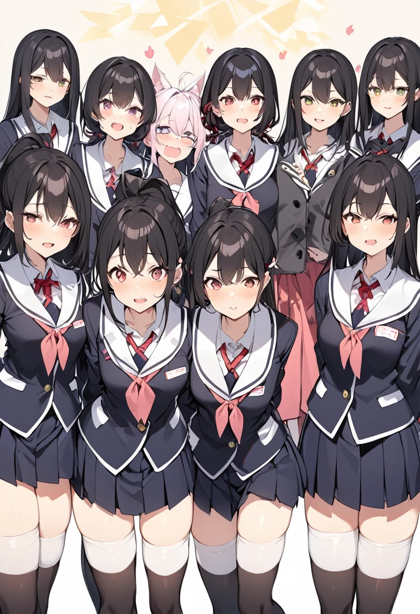 (masterpiece, best quality), (absurdres:1.2), (ultra detailed, 8K, ultra highres:1.2), (beautiful 4girls and handsome 4boys:1.3), young, slim, (cinematic composition), blush, happy smile, dramatic lighting, (short body,  body), (group shot, gathered, friends), (multiple boys:1.2), looking at viewer, standing, sitting, posing, school uniform, (multiple loving couples:1.2), v-signs