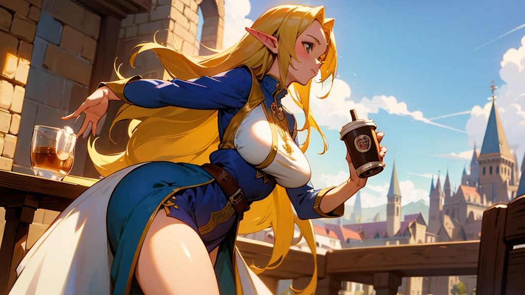 Anime Style,Nostalgic,Detailed background,The medieval world,A lively coffee shop with lots of people,Beautiful sky,Beautiful bard elf girl holding coffee,Large Breasts,Healthy thighs,Protruding buttocks,Underarm